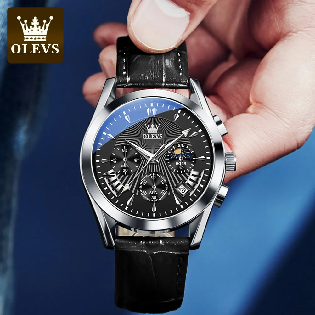 OLEVS 2876 Moon Phase Man Watch Original Genuine Leather Strap Quartz Watch for Men Auto Date Waterproof Luxury Men's Wristwatch