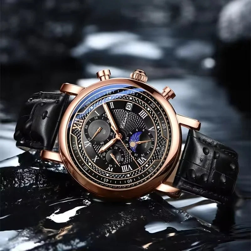 Lunar Executive - Men's Leather Chronograph Watch with Moon Phase