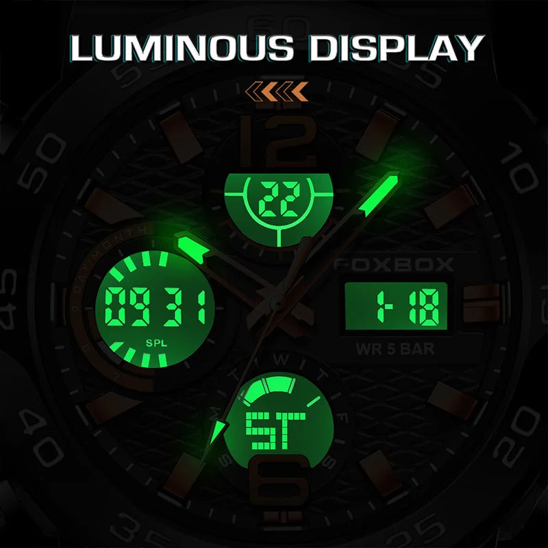 FOXBOX Fashion Mens Watch Dual Display Military Sports Man Watch Digital LED Luminous Calendar Waterproof Quartz Watches For Men