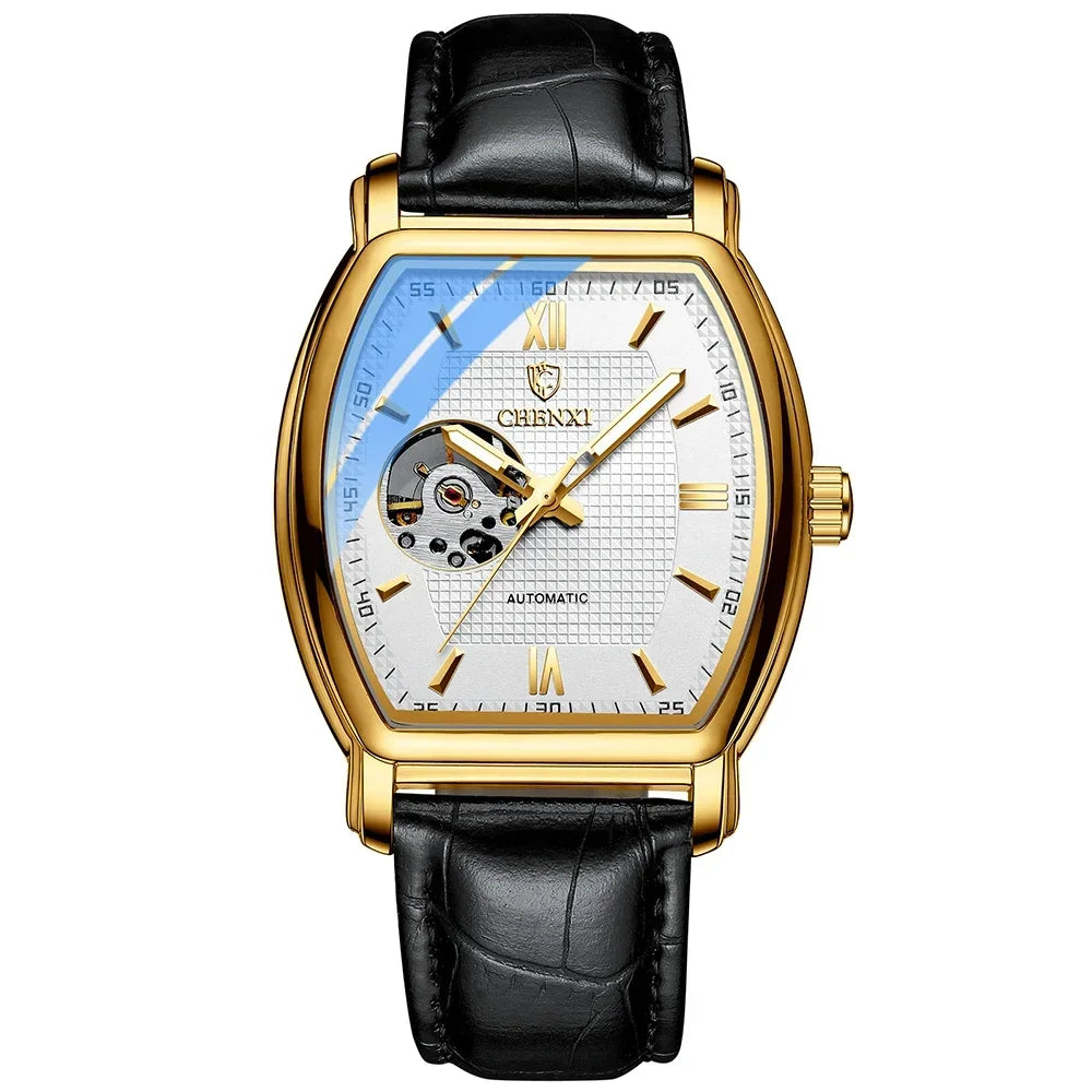 Tonneau Skeleton Automatic Watch - Barrel-Shaped Mechanical Timepiece for Men
