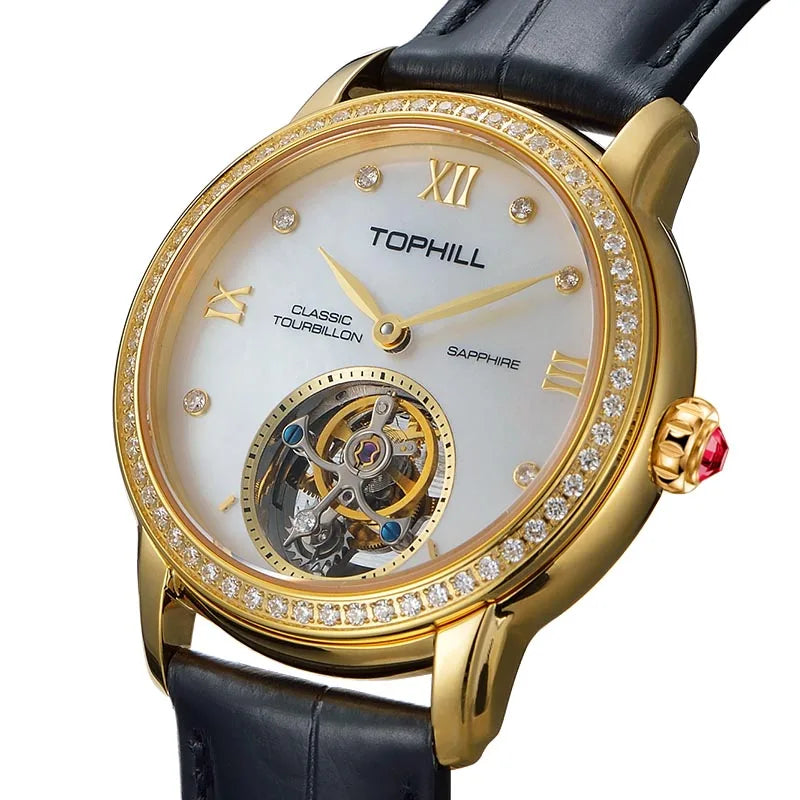 TOPHILL Luxury Automatic Tourbillon Watches 19Zuan Diamond Hollow Movement Mechanical Wristwatch Lady Sapphire Waterproof TU003L