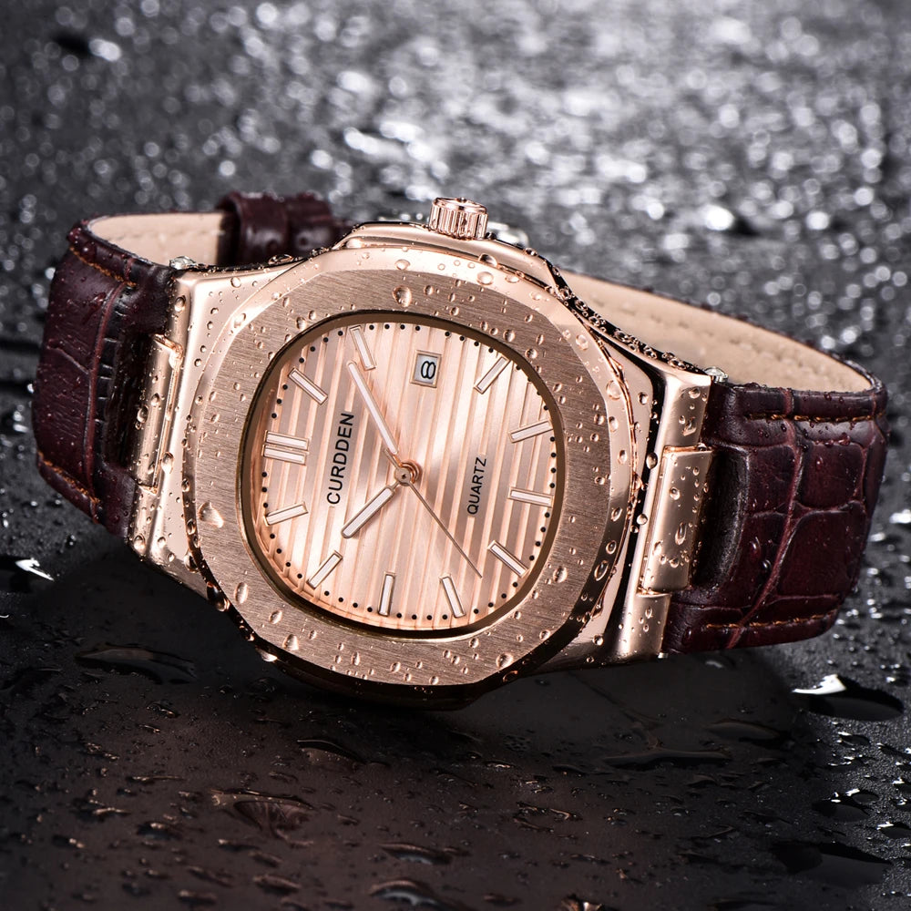 CURDDEN Golden Signature - Simple Business Leather Quartz Watch with Date