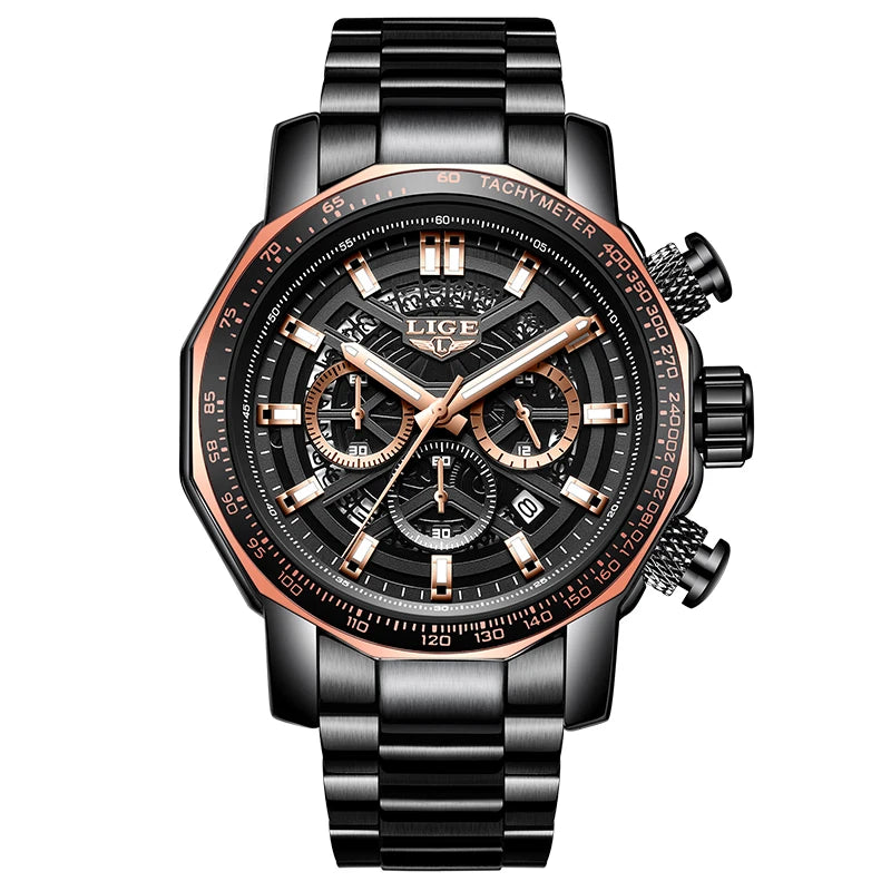 LIGE New Sport Chronograph Mens Watches Top Brand Luxury Full Steel Quartz Clock Waterproof Big Dial Watch Men Relogio Masculino