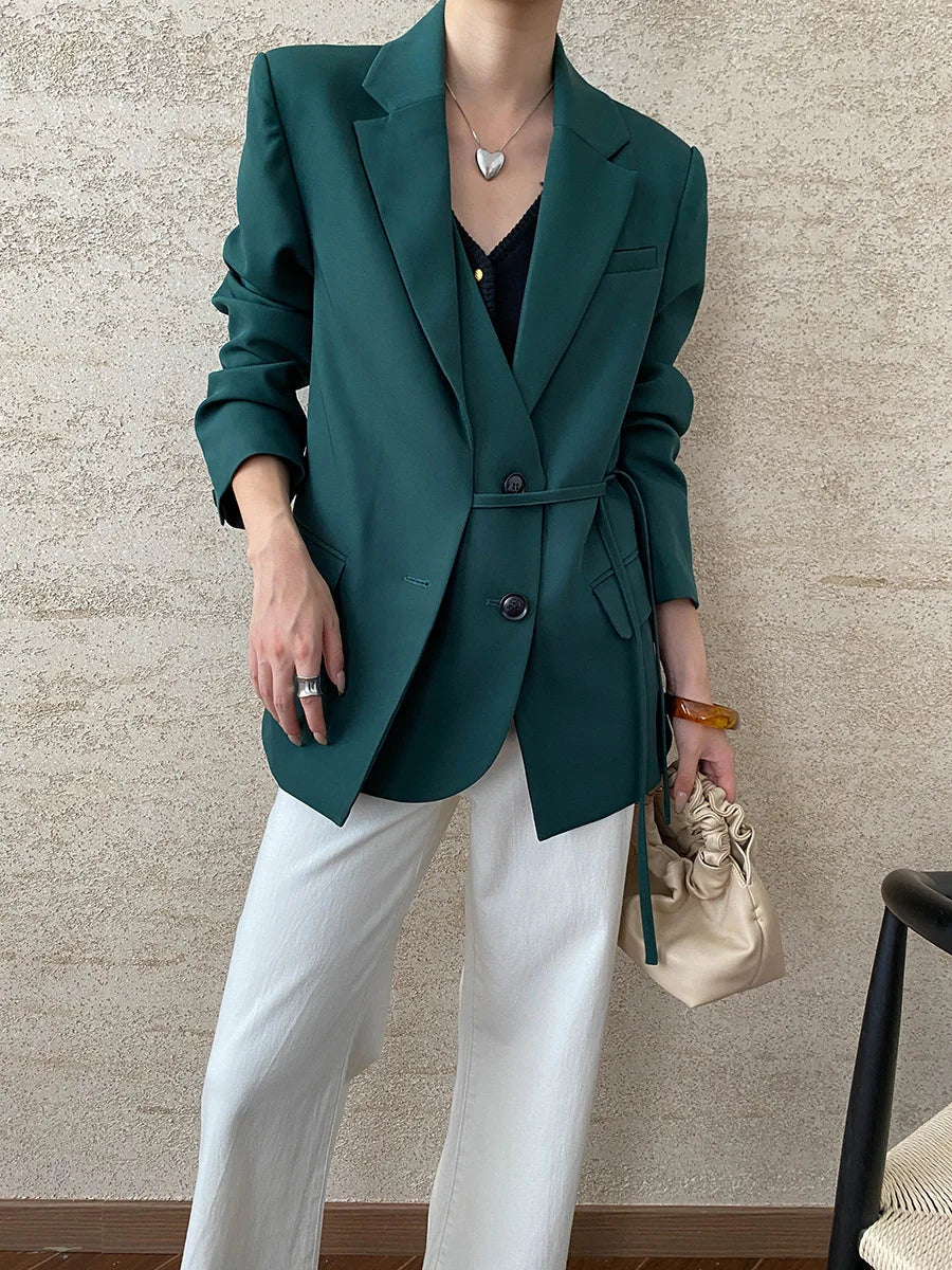 [LANMREM] Designer Asymmetric Spliced Design Lace-up Gathered Waist Blazers For Women Notched Fit Jackets 2025 Winter New 26C565