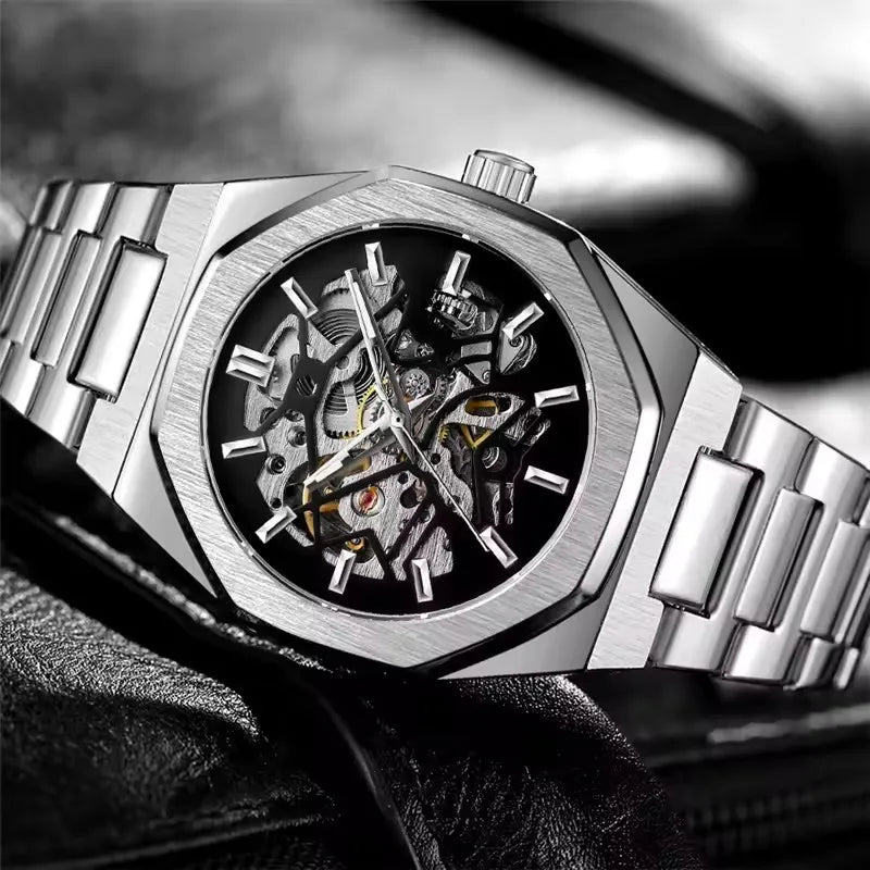 FORSINING 344D Men's Luxury Mechanical Watch - Fashion Skeleton Hollow Dial Steel Strap Business Luminous