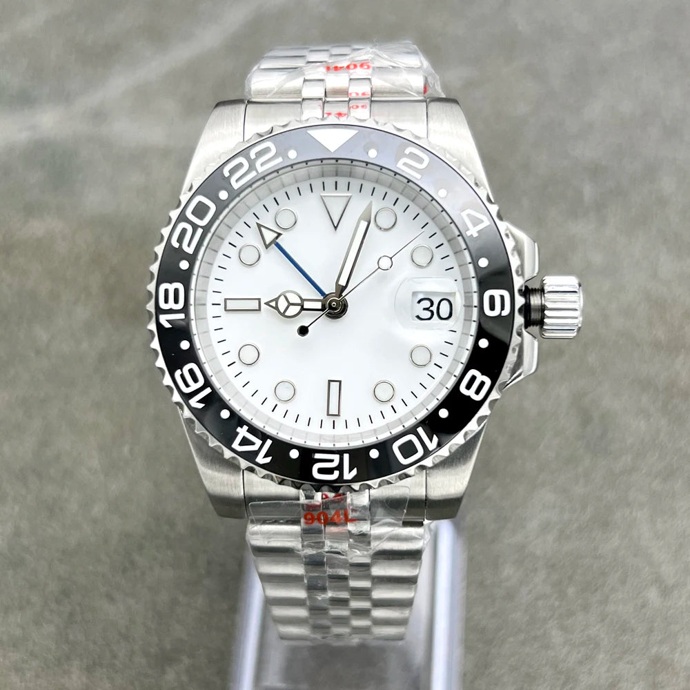 Automatic GMT Watch for Men – NH34 Movement, White Sterile Dial, Ceramic Bezel, Blue Hand, Dual Time Zone Stainless Steel