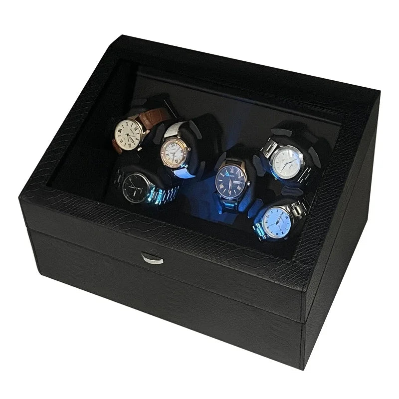 Automatic Watch Winder for 6 Watches with Quiet Motor Usb Led PU Leather Mechanical Watch Box Variable Speed for Watchmaker