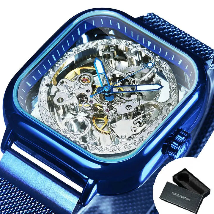 Forsining Square Skeleton Automatic Watch - Luxury Mesh Steel Strap Men's Timepiece