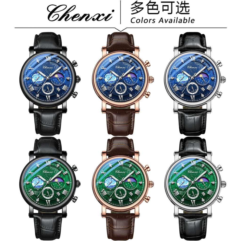 CHENXI 972 Men's Multi-Function Quartz Watch - Waterproof Chronograph with Moon Phase & Calendar