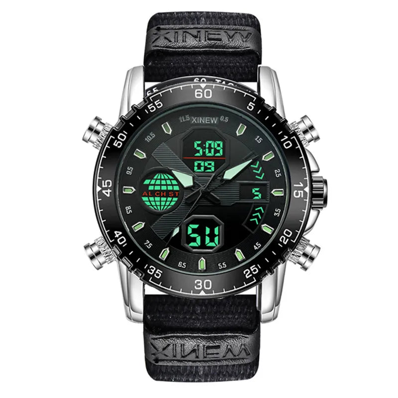 1pc / lot XINEW Brand Dual Time Watches For Men Fashion Casual Nylon Band Sports Military Digital Watch Black Montre Homme 2025