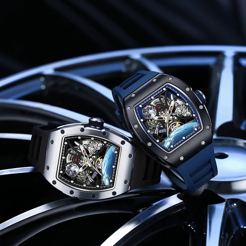 2025 New Top Brand Mens Automatic Watch Skeleton Tonneau Waterproof Wristwatch Luxury Clock Mechanical Watch for Men Earth dial