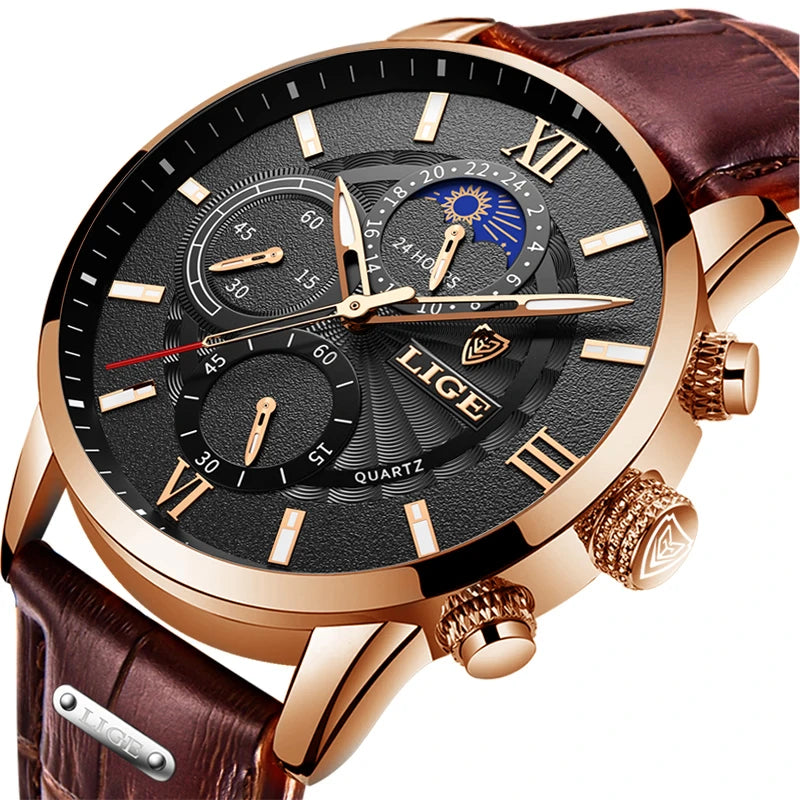 LIGE Cognac Elite 2025 - Premium Brown Leather Waterproof Sport Watch
