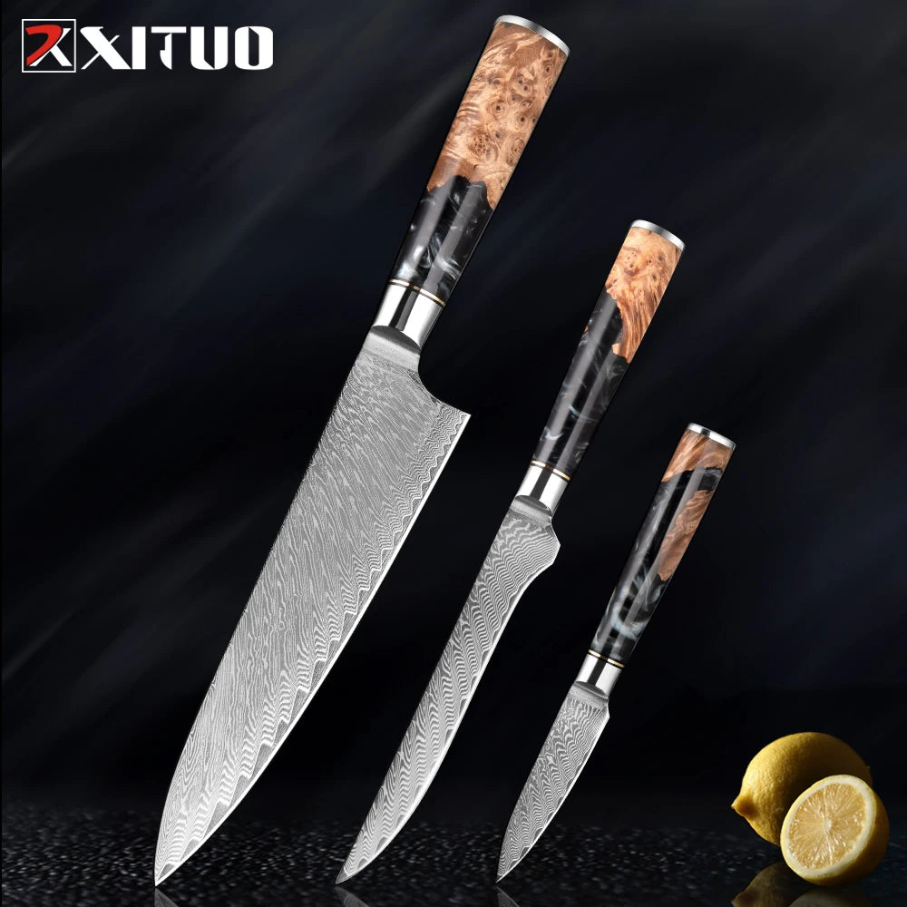 Damascus Steel Kitchen Knives 1-9PC Set XITUO Japanese chef knife Cleaver Bread Knife Resin and wooden Ergonomics handle Sharp