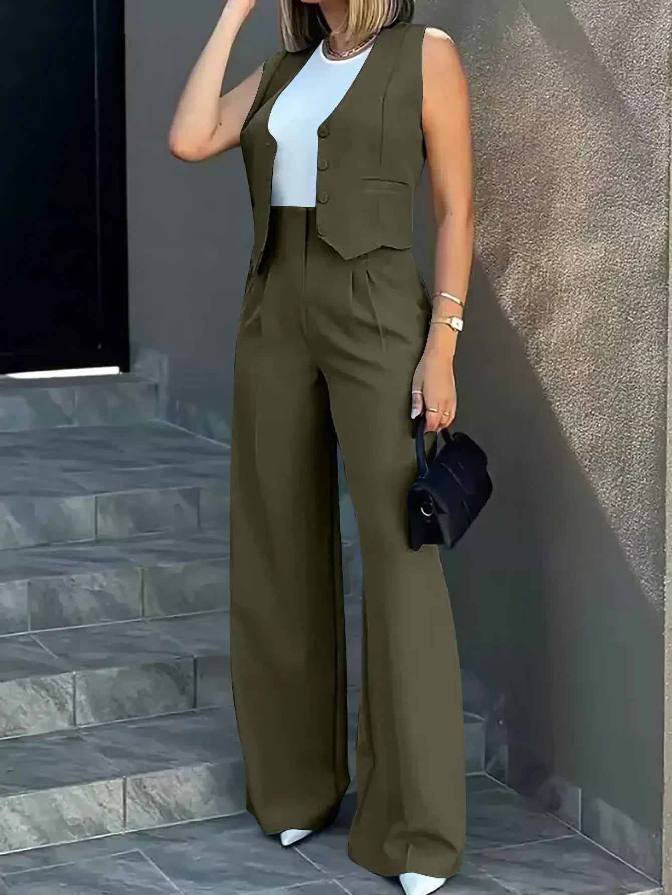 New 2025 Women's Summer Casual 2PCS Pants Sets Solid Vest +Pants Sets Elegant High Waist Wide Leg Outfits Women Matching Sets