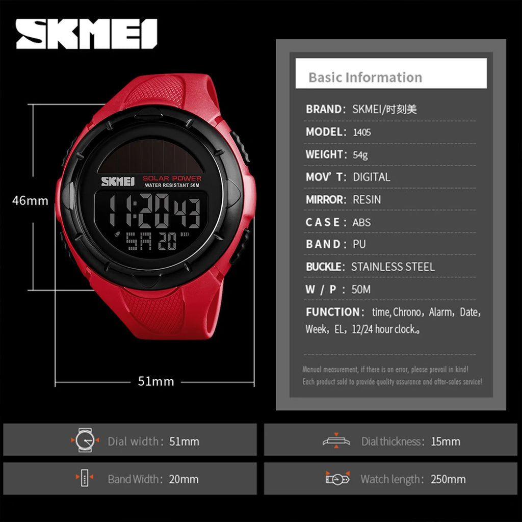 SKMEI Mens Wristwatches Solar For Power Enviormentally Alarm Male Clock reloj hombre Men Luminous Watches Sport Digital