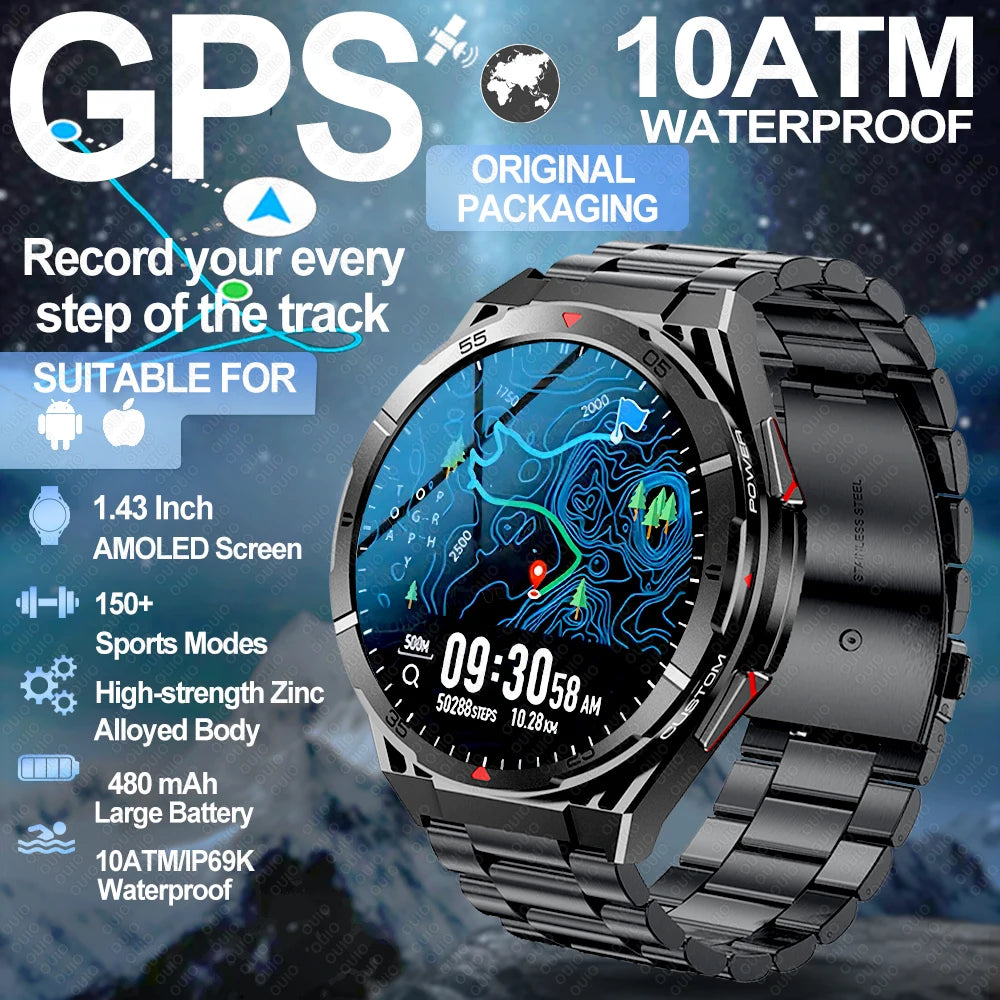 2025 New GPS Dual-Band satellite SmartWatch Men 1.43'' AMOLED Screen Compass Heart Rate BT Call IP69 10ATM Waterproof SmartWatch