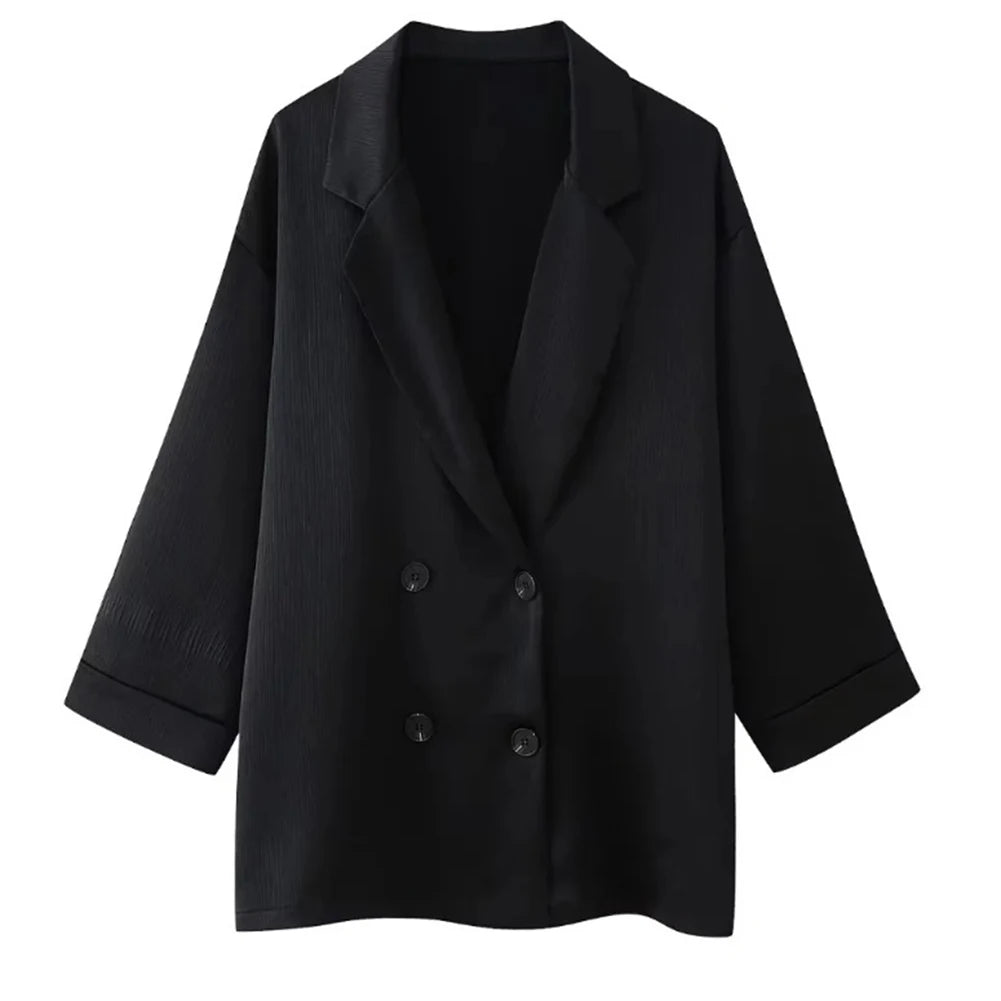 Women Autumn Wrinkle Double Breasted Blazer And Pants Suit Fashion Business Set