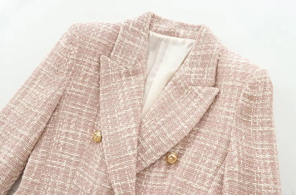 TRZA-Double Breasted Tweed Blazer for Women, Long Sleeve Coat, Flap Pockets, Female Outerwear, Chic Tops, Fashion