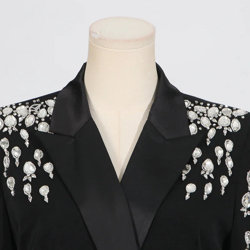 VGH Streetwear Spliceed Diamonds Slim Blazers for Women Notched Collar Long Sleeve Patchwork Button Temperament Coat Female New