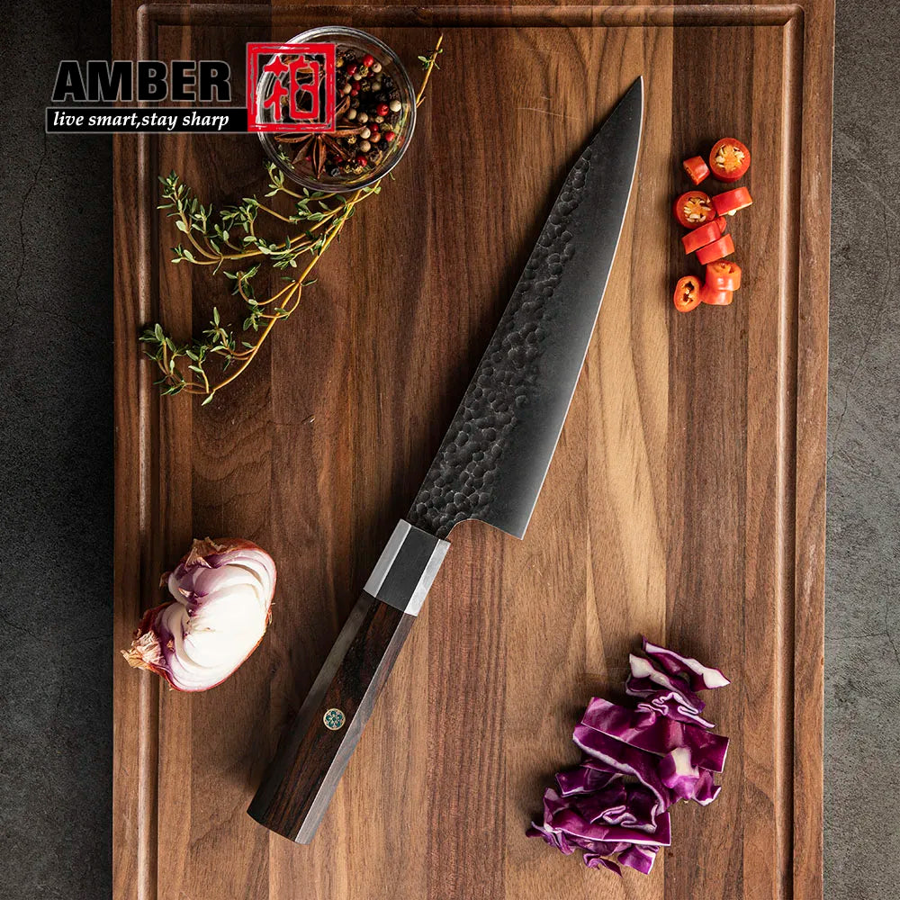 Amber Top Quality 440C high carbon steel black finish kitchen knife set with stablized wood