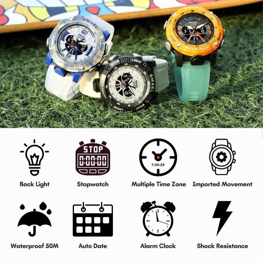 2023 New Sport Watches Men SMAEL Waterproof Analog Digital Quartz Wristwatches Male Fashion Stopwatch Alarm Clock 8058 Man Watch