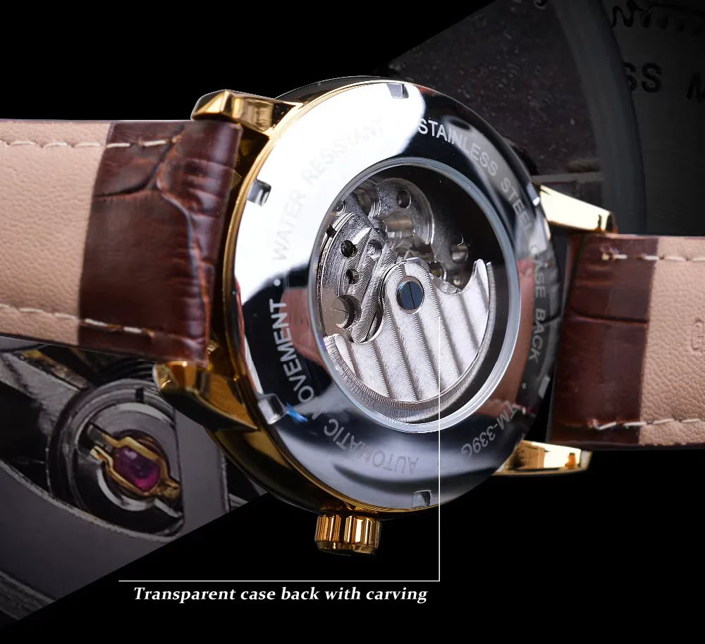 Forsining Moon Phase Automatic Watch Royal Men's Golden Mechanical Wristwatches Casual Genuine Leather Tourbillon Business Clock