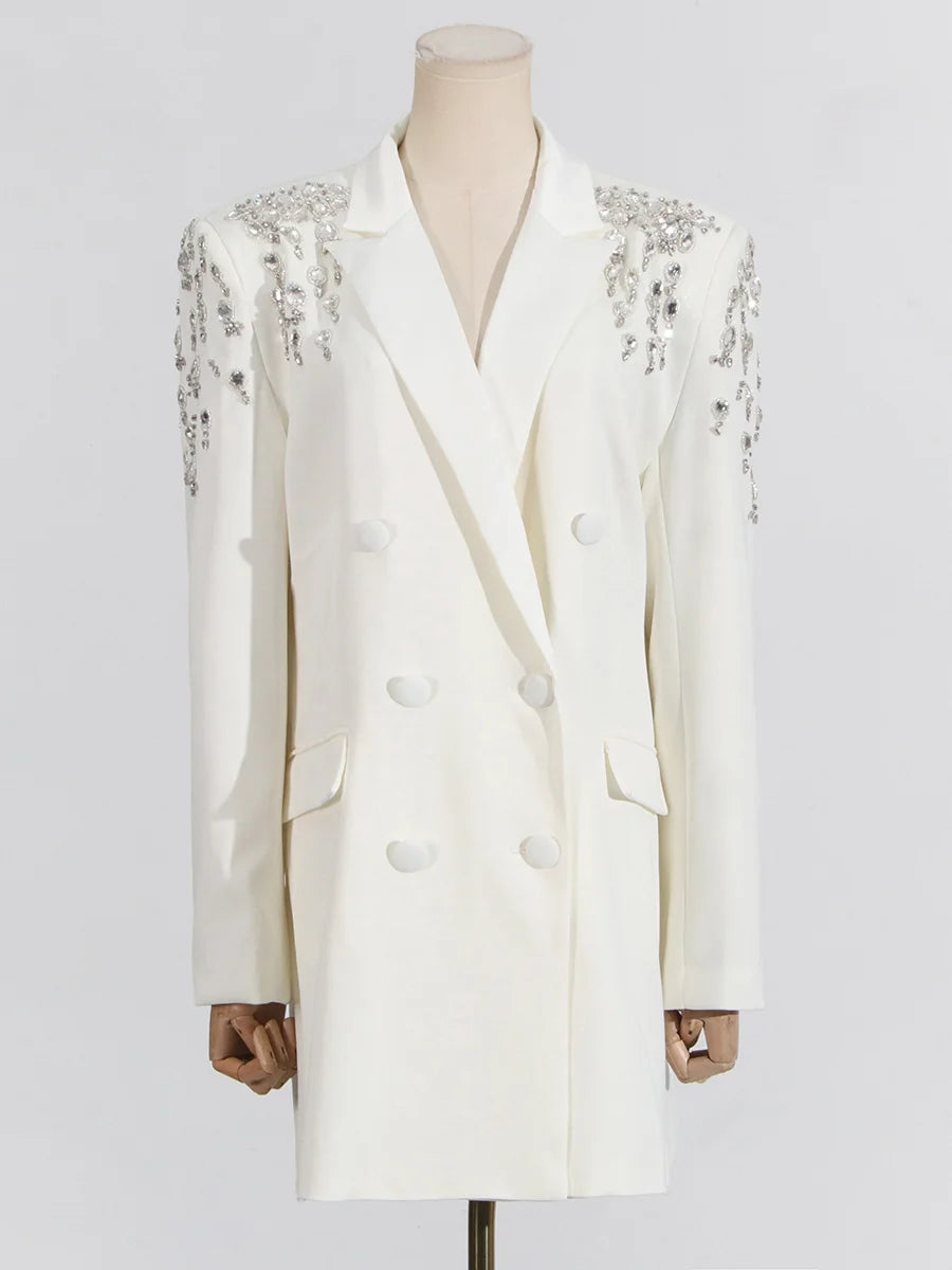 VGH Streetwear Spliceed Diamonds Slim Blazers for Women Notched Collar Long Sleeve Patchwork Button Temperament Coat Female New
