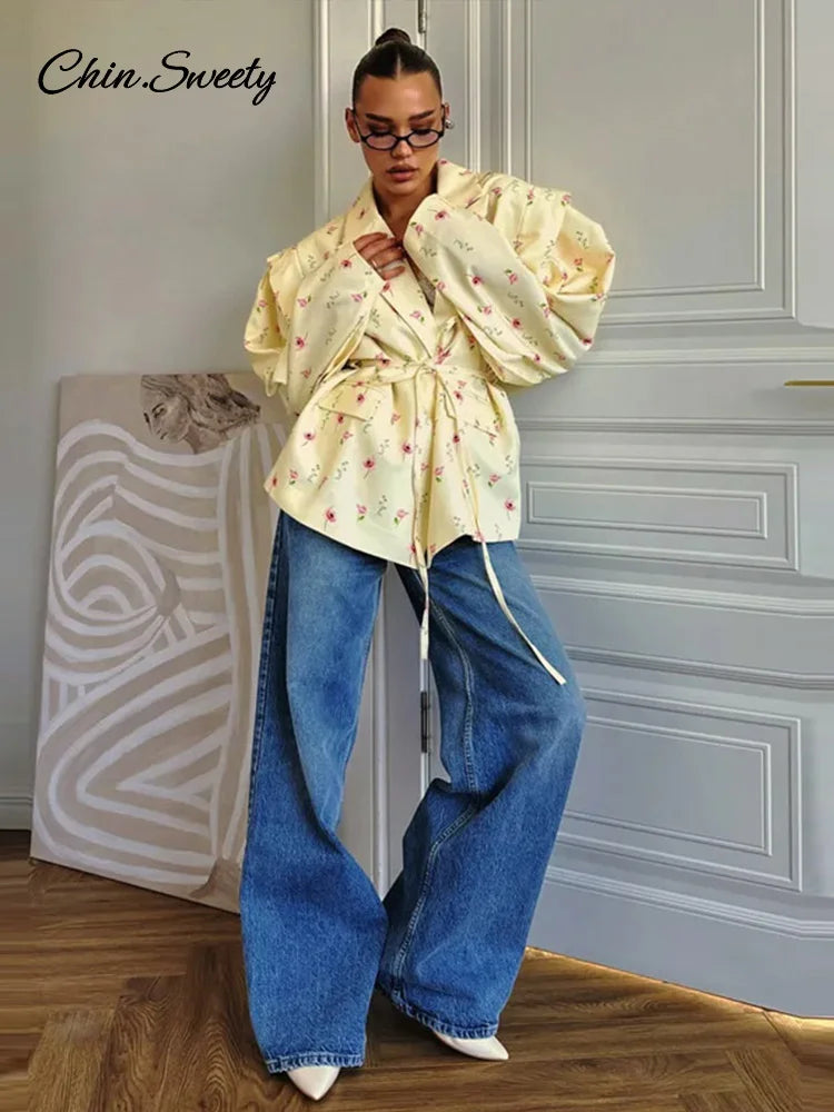 Fashion Printed Women's Blazer Coat Loose Lapel Long Sleeve Lace Up One Button Jacket Female 2025 Spring All-match Streetwear