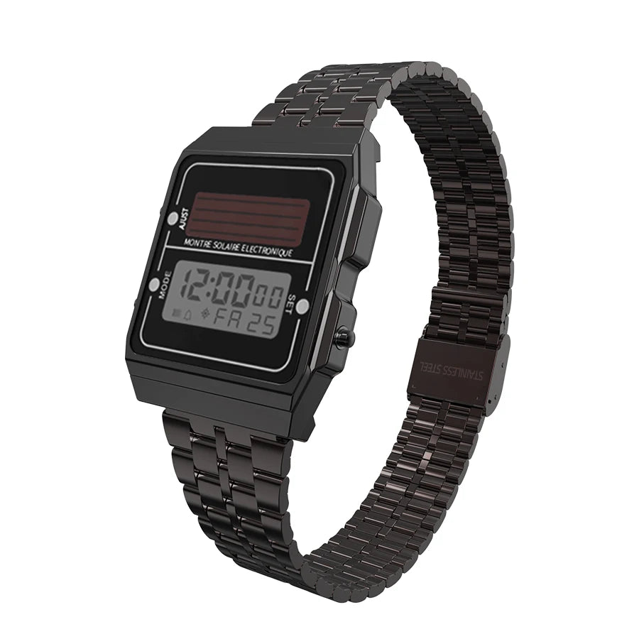 Solar Men‘s Digital Watch Retro Chronograph Stainless Steel Strap Waterproof Multifunctional Sport Electronic Watches