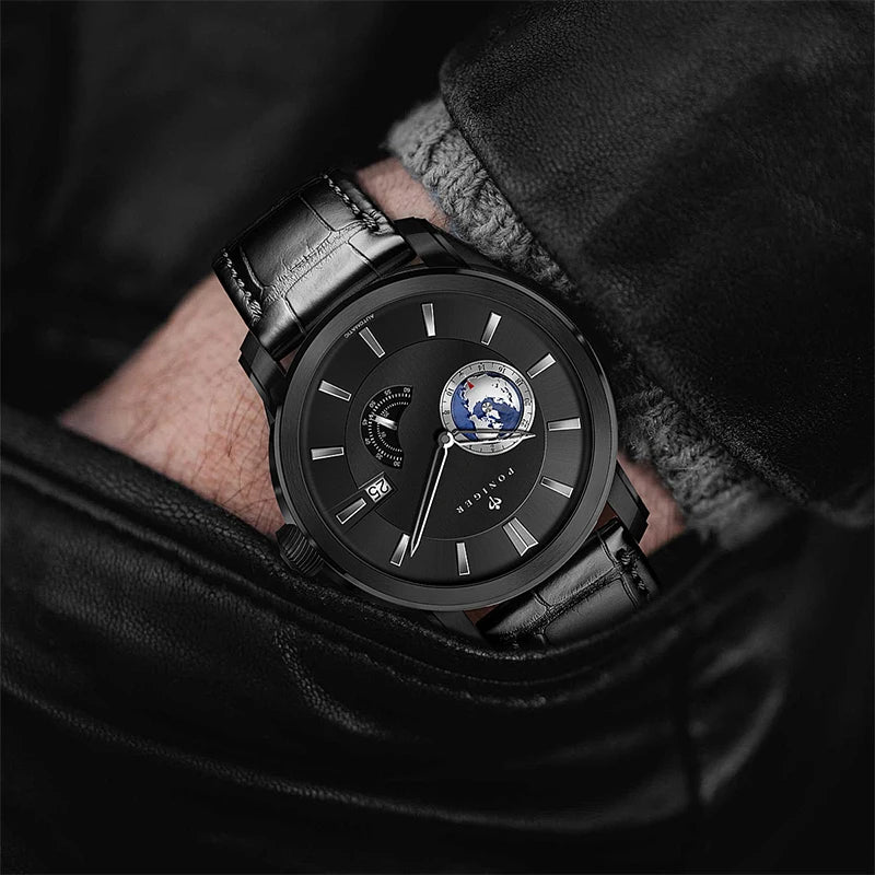 Top Brand New Japanese Automatic Men Watch Rotating Earth Calendar Multifunction Watch Stainless Steel Waterproof Clock PONIGER