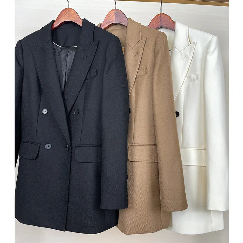 High-end Suit Jacket Women Autumn 100% Wool Horn Buckle White Small Suit 2024 Winter Black Double-Breasted Slim Commuter Classic