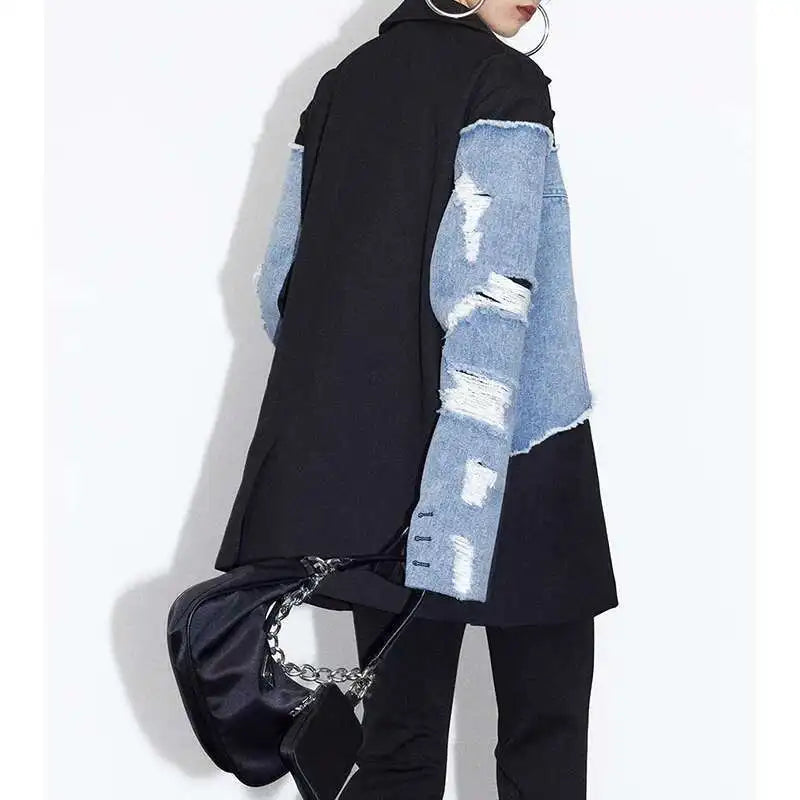DEAT Women's Blazer Notched Collar Patchwork Burrs Edge Denim Broken Holes Loose Suit Jackets 2025 Summer New Fashion LM0107