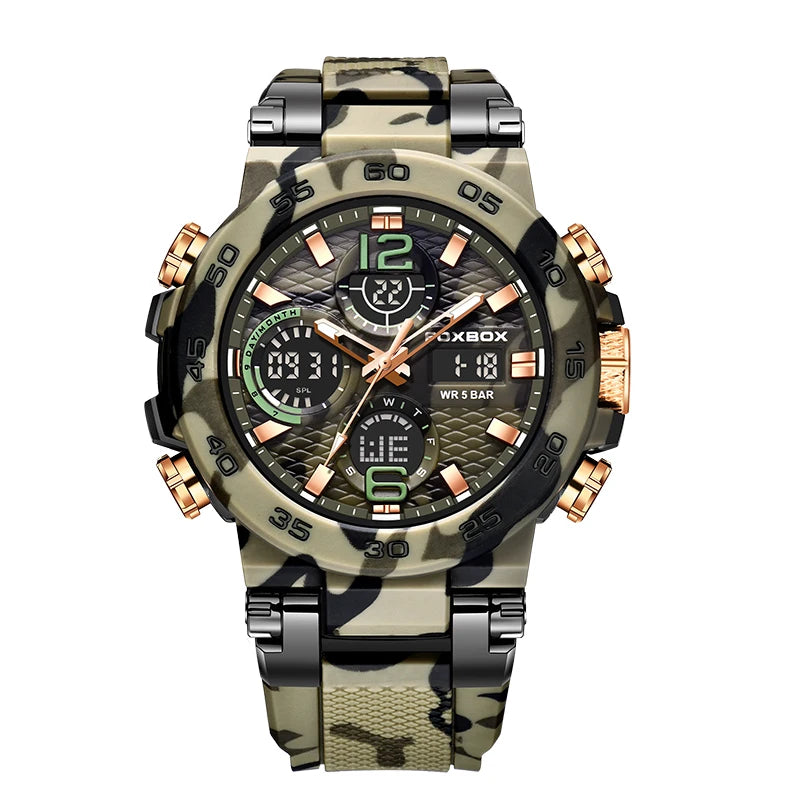FOXBOX Fashion Mens Watch Dual Display Military Sports Man Watch Digital LED Luminous Calendar Waterproof Quartz Watches For Men