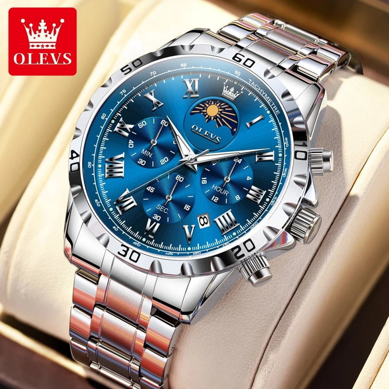 OLEVS 2950 Moon Phase Quartz Watch for Men Multi functional Roman Scale Original Hand Clock Chronograph Business Male Watches