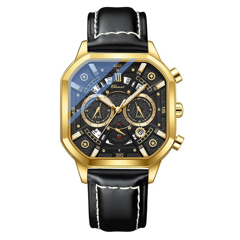 Golden Octagonal Multifunctional Watch - Leather Strap Quartz Timepiece for Men