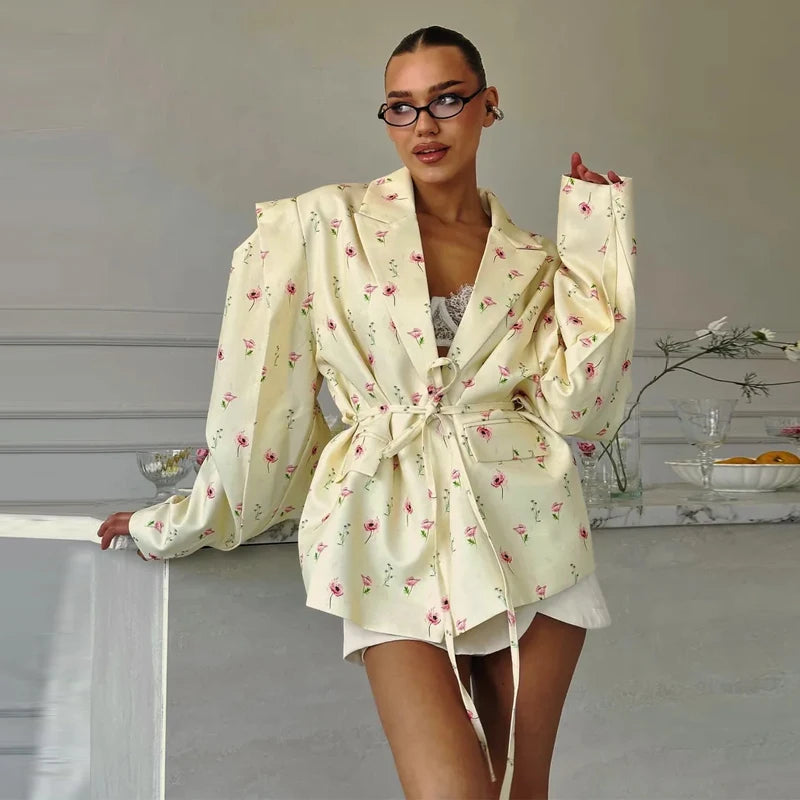 Fashion Printed Women's Blazer Coat Loose Lapel Long Sleeve Lace Up One Button Jacket Female 2025 Spring All-match Streetwear