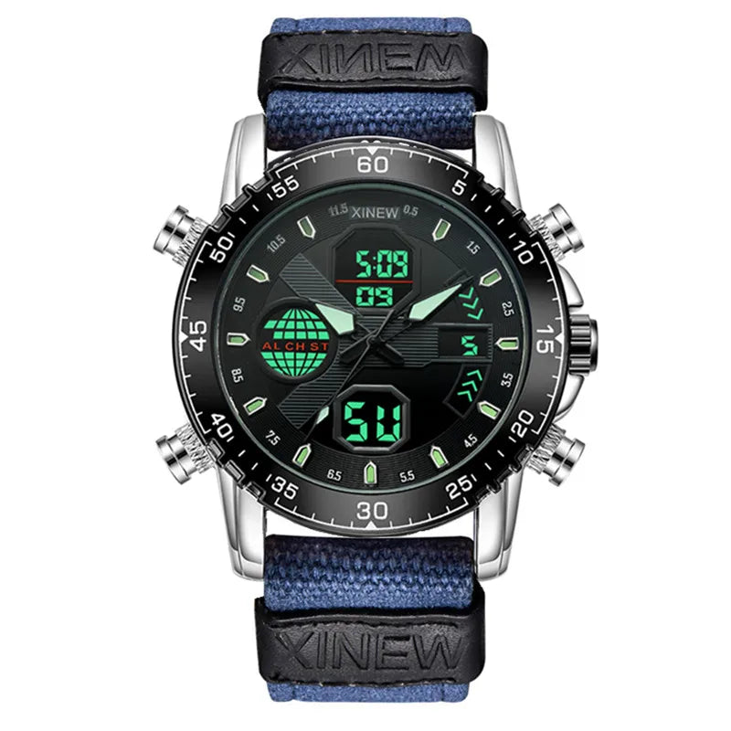 1pc / lot XINEW Brand Dual Time Watches For Men Fashion Casual Nylon Band Sports Military Digital Watch Black Montre Homme 2025