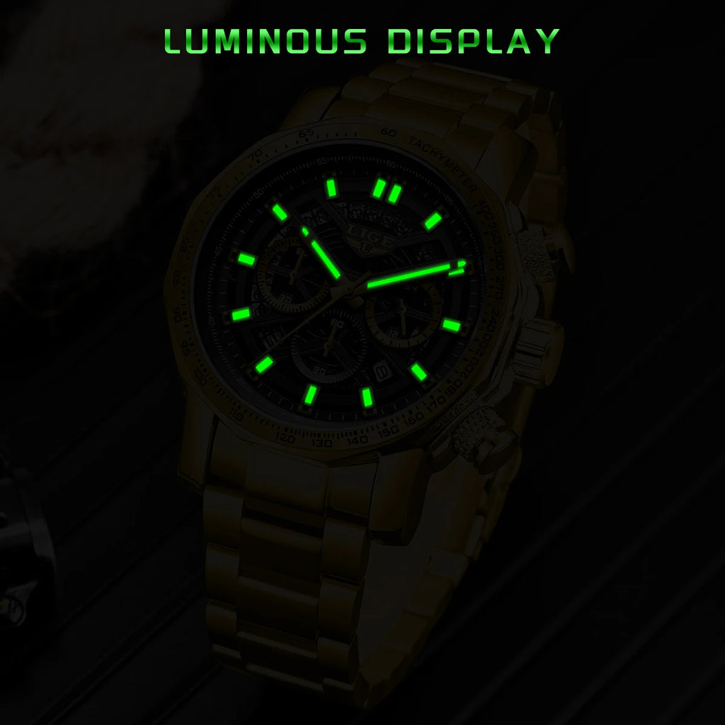 LIGE New Sport Chronograph Mens Watches Top Brand Luxury Full Steel Quartz Clock Waterproof Big Dial Watch Men Relogio Masculino