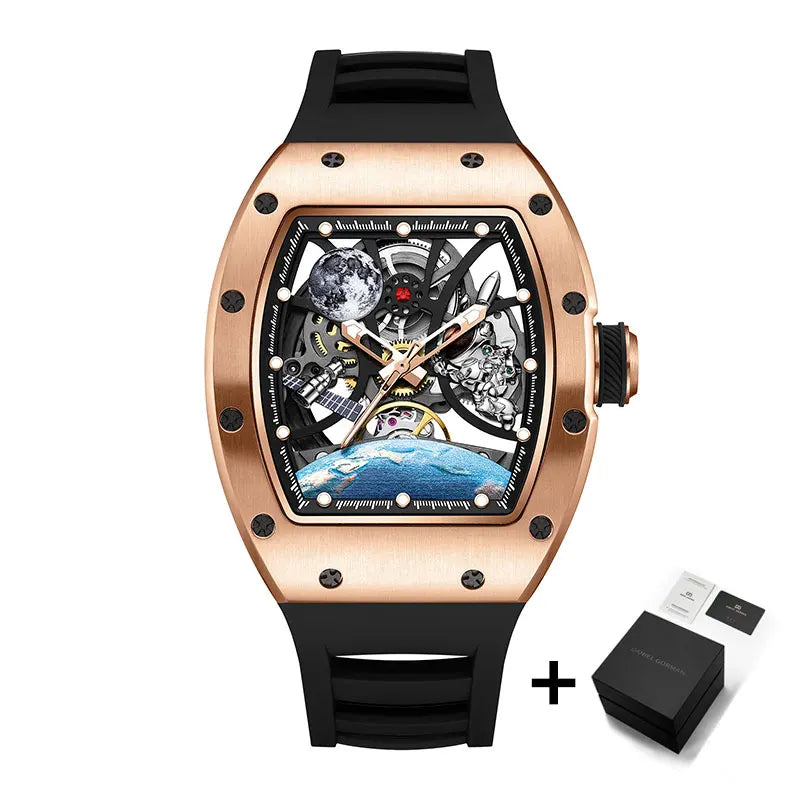 2025 New Top Brand Mens Automatic Watch Skeleton Tonneau Waterproof Wristwatch Luxury Clock Mechanical Watch for Men Earth dial