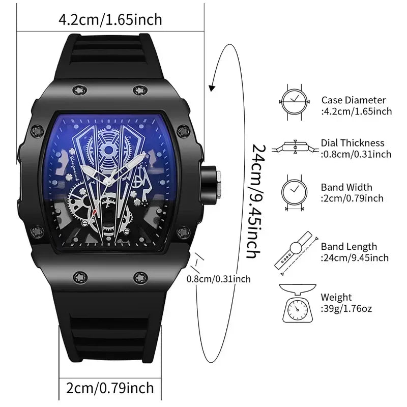 Custom-Made Numberless Men's Watch Fashionable Wine Barrel Style Sports Dial British Quartz Watch with Silicone Band China Made