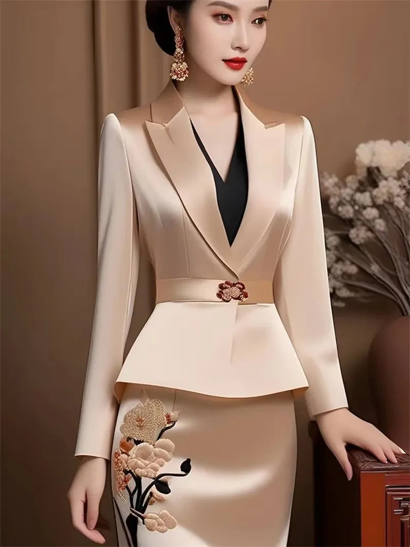 Luxury Celebrity Party Outfits New Elegant Women Formal Suit Flower Embroidery Beading Satin Coat + Midi Skirt Two Piece Sets