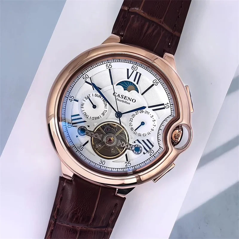 Men Watches Luxury Moon Phase Automatic Mechanical Watch Week Date Tourbillon Clock Leather Strap Waterproof Military Watch Men