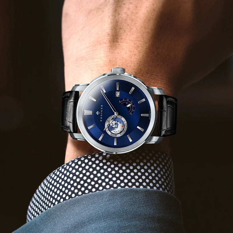 Top Brand New Japanese Automatic Men Watch Rotating Earth Calendar Multifunction Watch Stainless Steel Waterproof Clock PONIGER