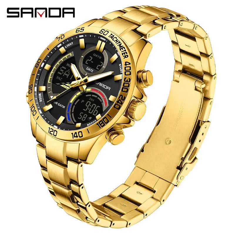 SANDA 6269 Dual Display Electronic Watch Men's Dual Movement 5ATM Waterproof Night Light Three Ground Time Student Sports Watch