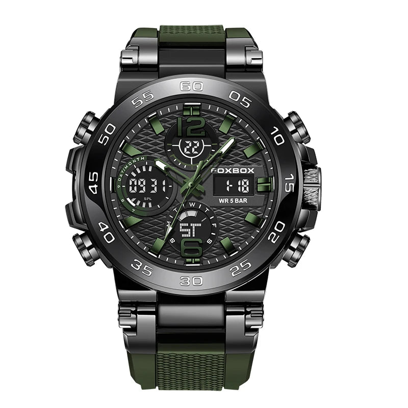 FOXBOX Fashion Mens Watch Dual Display Military Sports Man Watch Digital LED Luminous Calendar Waterproof Quartz Watches For Men