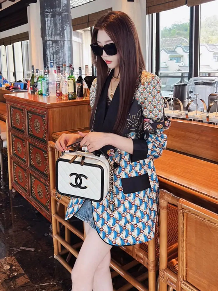 2025 Spring Summer New Thin Fried Street Blazer Jackets Women's Outwear Fashion Loose Belt Casual Plaid Suit Jacket Tops