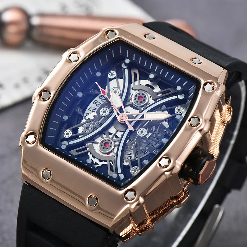 Skeleton Men's Watch Fashion Automatic Movement Barrel Luminous Waterproof Clock Sports Male's Silicone Strap Quartz Wristwatch