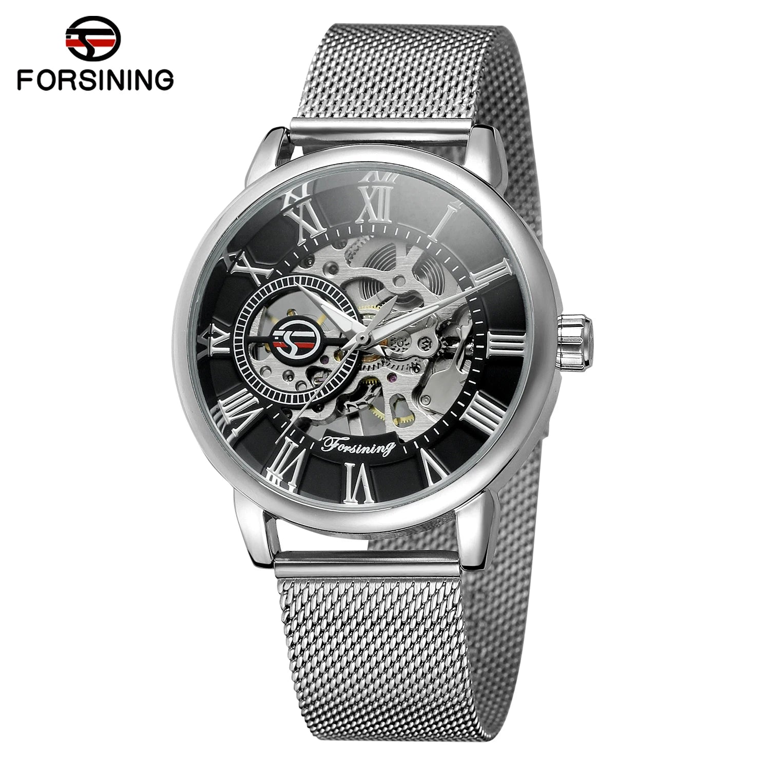 Classic Skeleton Mechanical Watch - Engraved Case with Mesh Strap & Roman Numerals