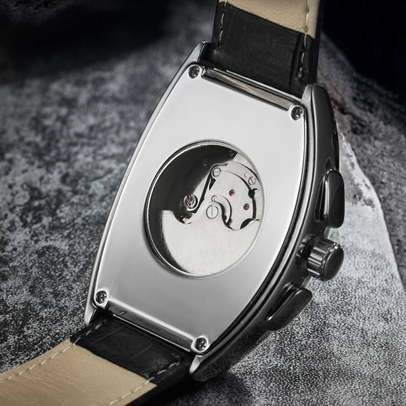 Tourbillon Fully Automatic Hollow Mechanical Watch Men's Large Dial Barrel-Shaped Student Business Watch Fashion Trendy K-Style, Back-Penetrating Movement, Curved Mirror High-End Men's Watch, European Popular Men's Gift Watch