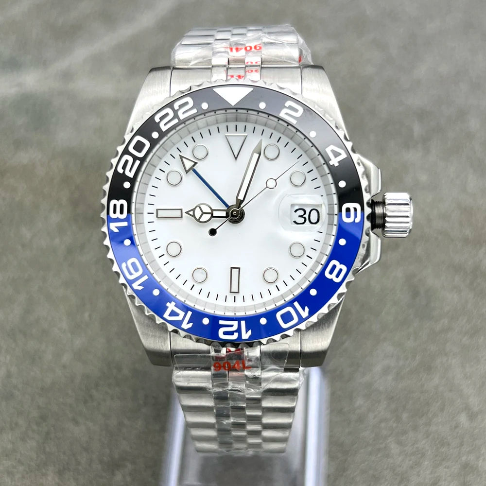 Automatic GMT Watch for Men – NH34 Movement, White Sterile Dial, Ceramic Bezel, Blue Hand, Dual Time Zone Stainless Steel